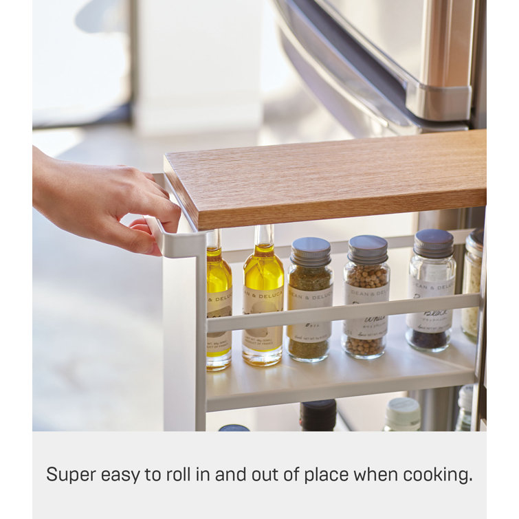 Slimline Tower White Steel Three-Tier Rolling Storage Cart with Wooden Accent