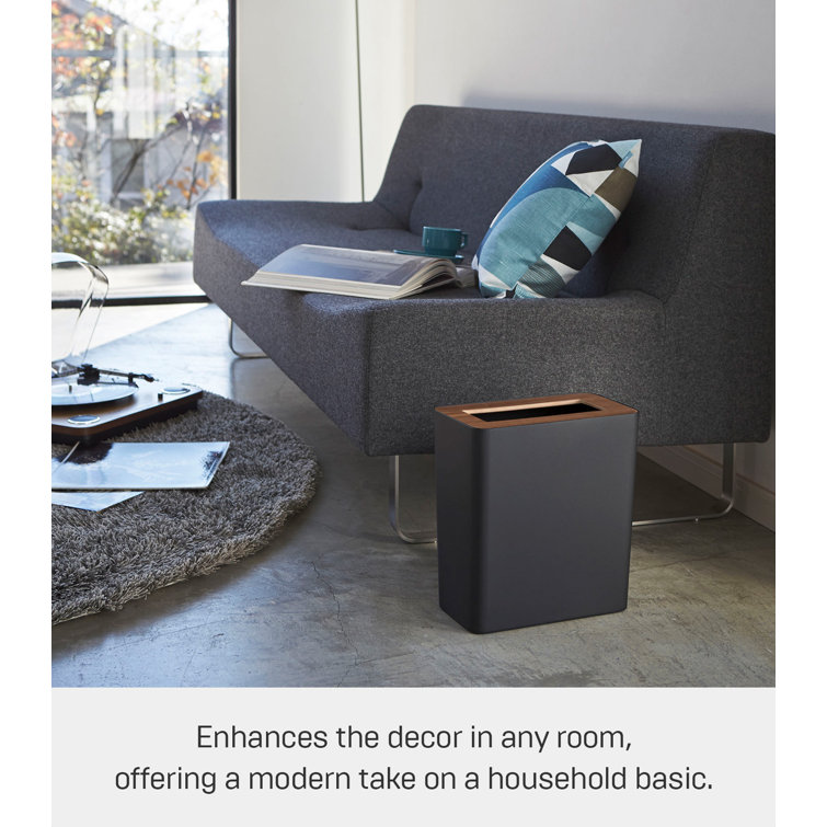 Modern Black Steel & Wood Slim Rectangular 2-Gallon Trash Can