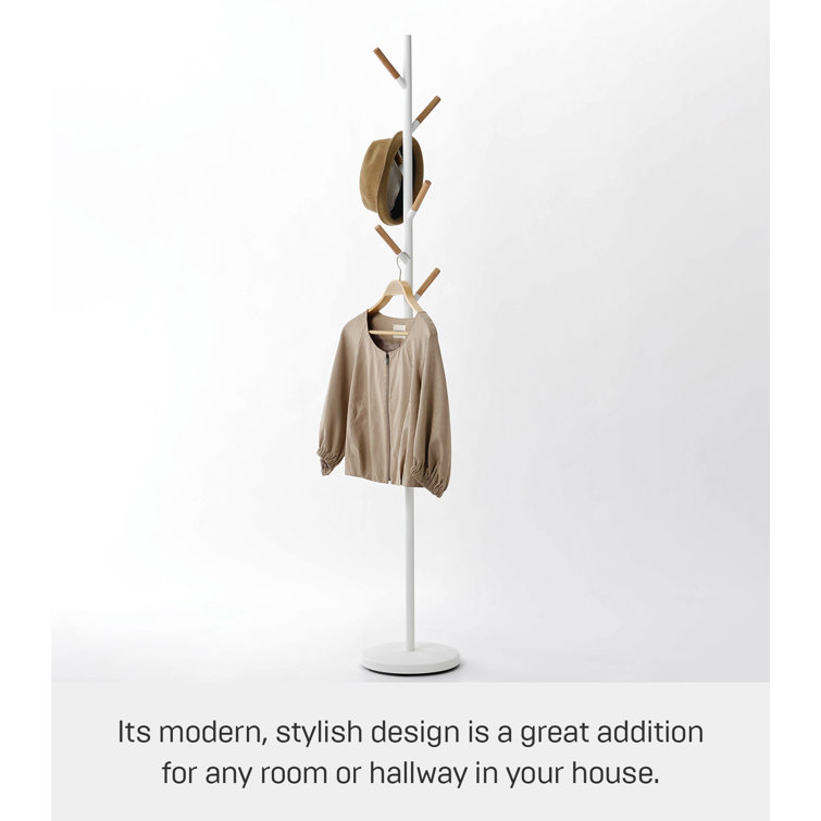 Modern Freestanding White Steel Coat Rack with Wooden Accents