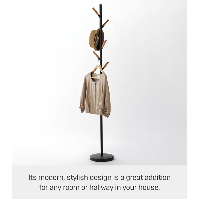 Sleek Yamazaki Black Freestanding Coat Rack with Wood-Tipped Hooks