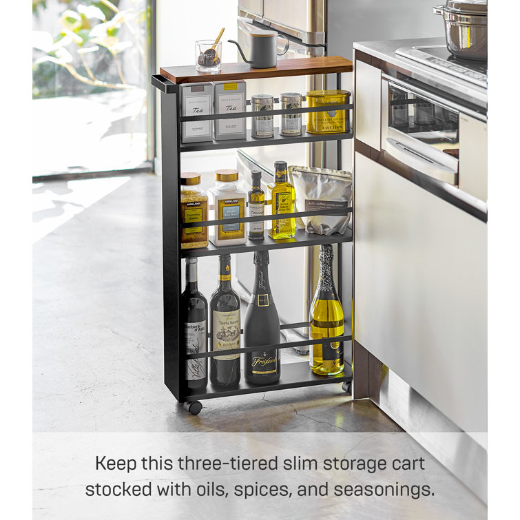 Slim Black Steel Three-Tiered Rolling Storage Cart with Handle