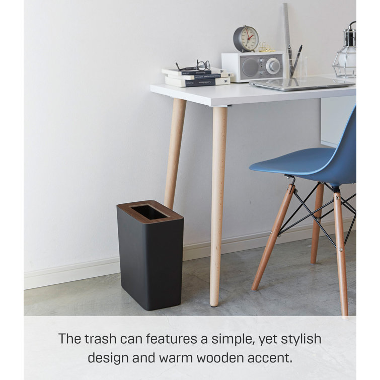 Modern Black Steel & Wood Slim Rectangular 2-Gallon Trash Can