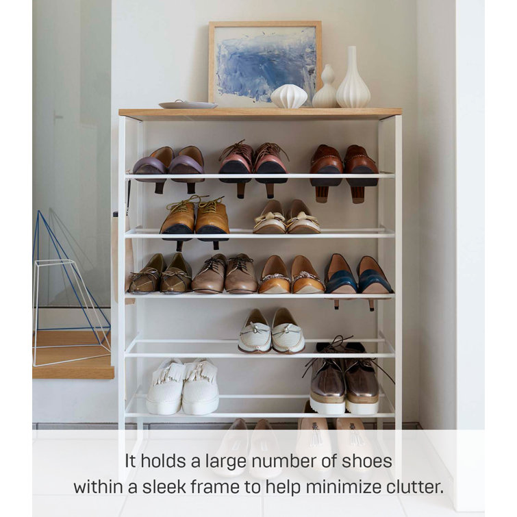 Tiered Minimalist White Steel Shoe Rack with Wood Top