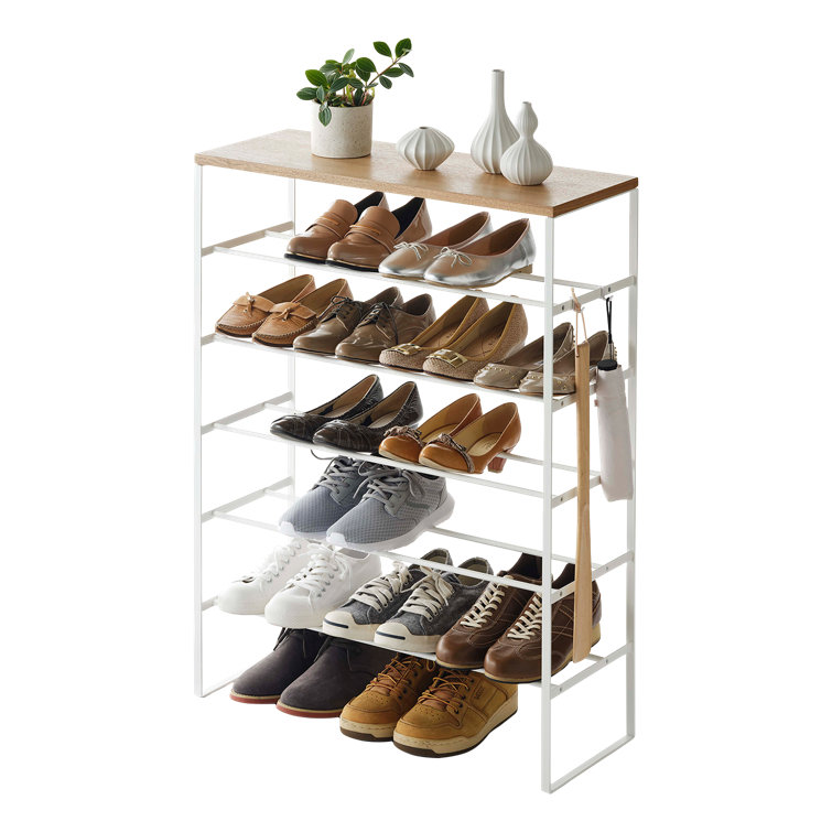 Tiered Minimalist White Steel Shoe Rack with Wood Top