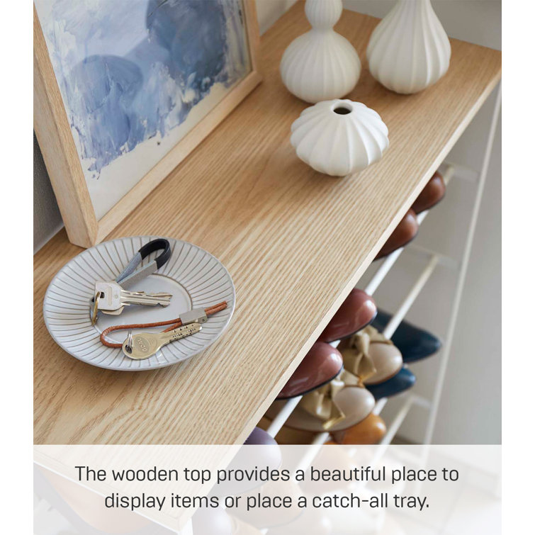 Tiered Minimalist White Steel Shoe Rack with Wood Top