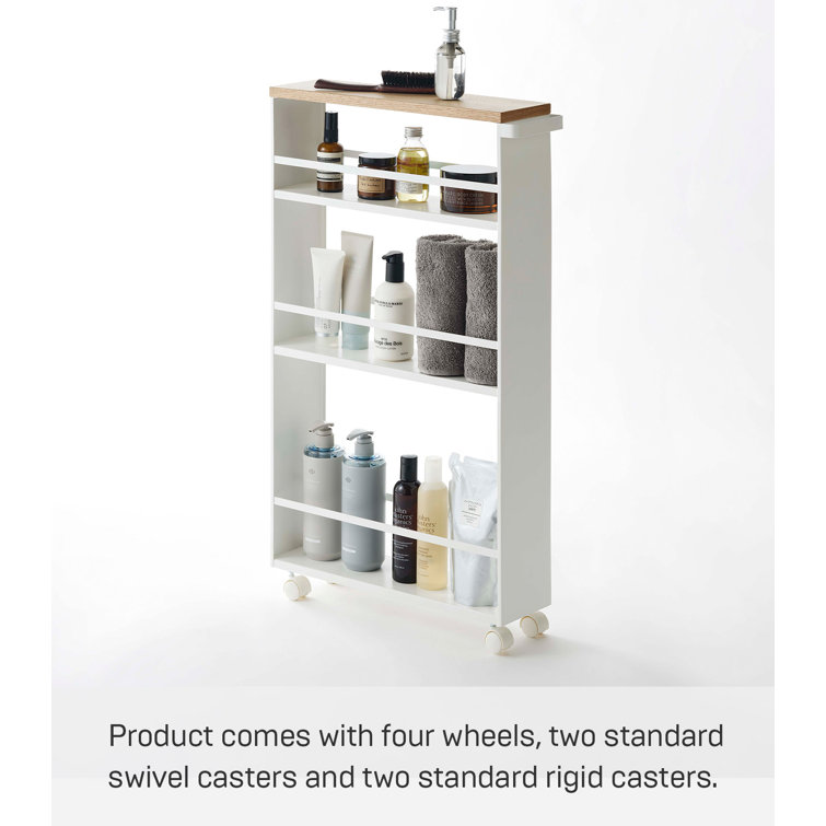 Slimline Tower White Steel Three-Tier Rolling Storage Cart with Wooden Accent