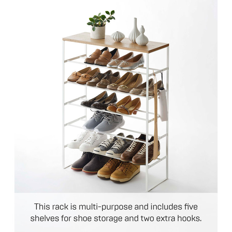 Tiered Minimalist White Steel Shoe Rack with Wood Top