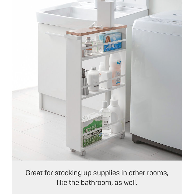 Slimline Tower White Steel Three-Tier Rolling Storage Cart with Wooden Accent