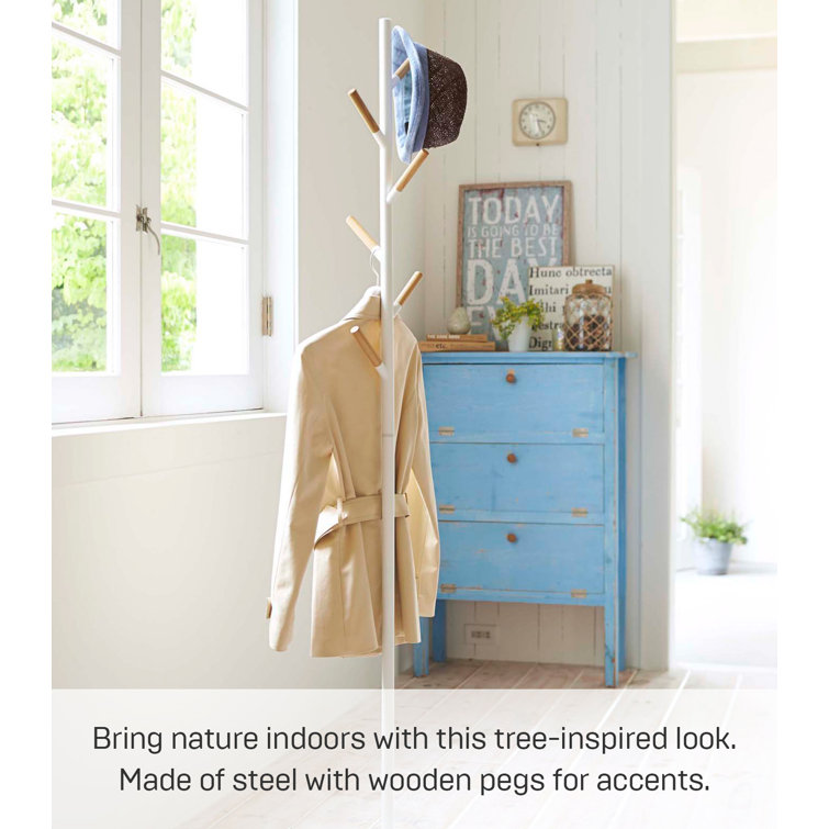 Modern Freestanding White Steel Coat Rack with Wooden Accents