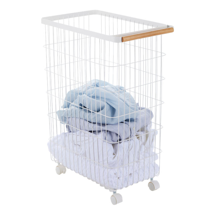 Scandinavian Minimalist Rolling Laundry Hamper in White Steel with Ash Wood Handles