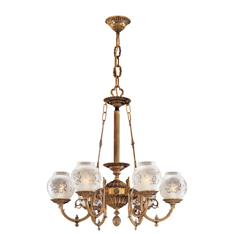 Antique Brass 6-Light Chandelier with Frosted Glass Shades