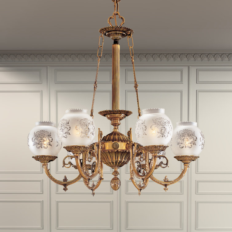 Antique Brass 6-Light Chandelier with Frosted Glass Shades