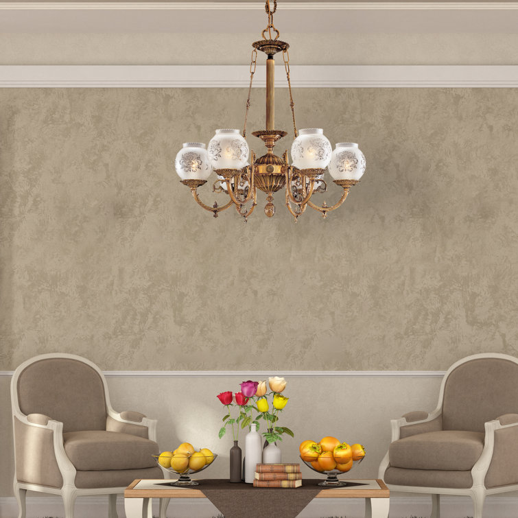 Antique Brass 6-Light Chandelier with Frosted Glass Shades