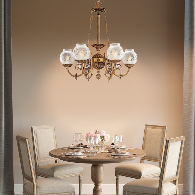 Antique Brass 6-Light Chandelier with Frosted Glass Shades