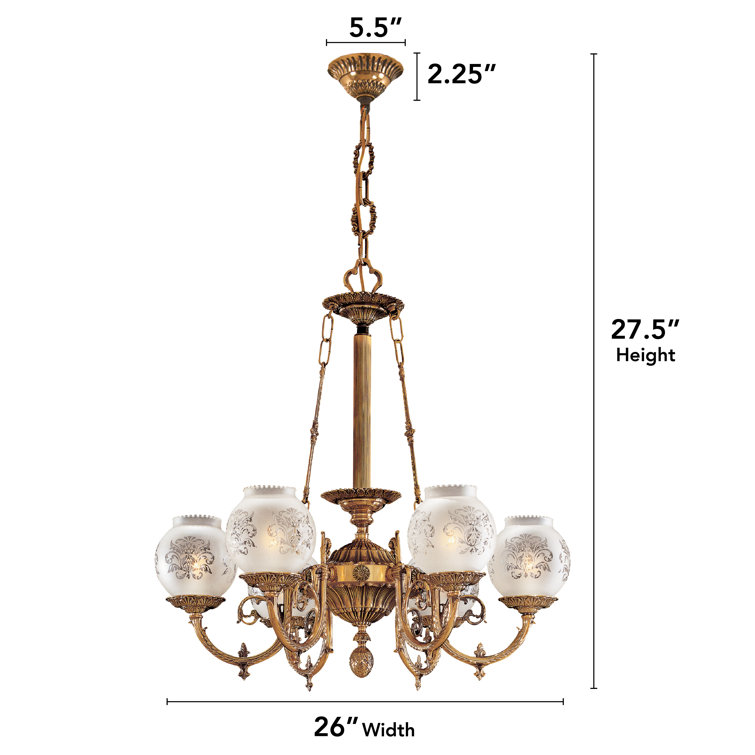 Antique Brass 6-Light Chandelier with Frosted Glass Shades