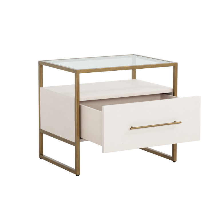 Transitional Gray Shagreen Leather Nightstand with Glass Top