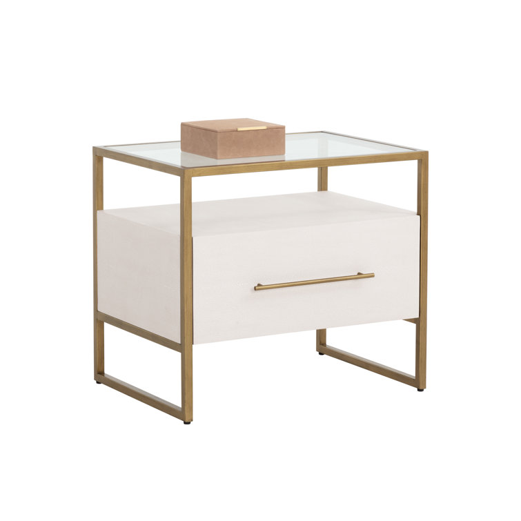 Transitional Gray Shagreen Leather Nightstand with Glass Top