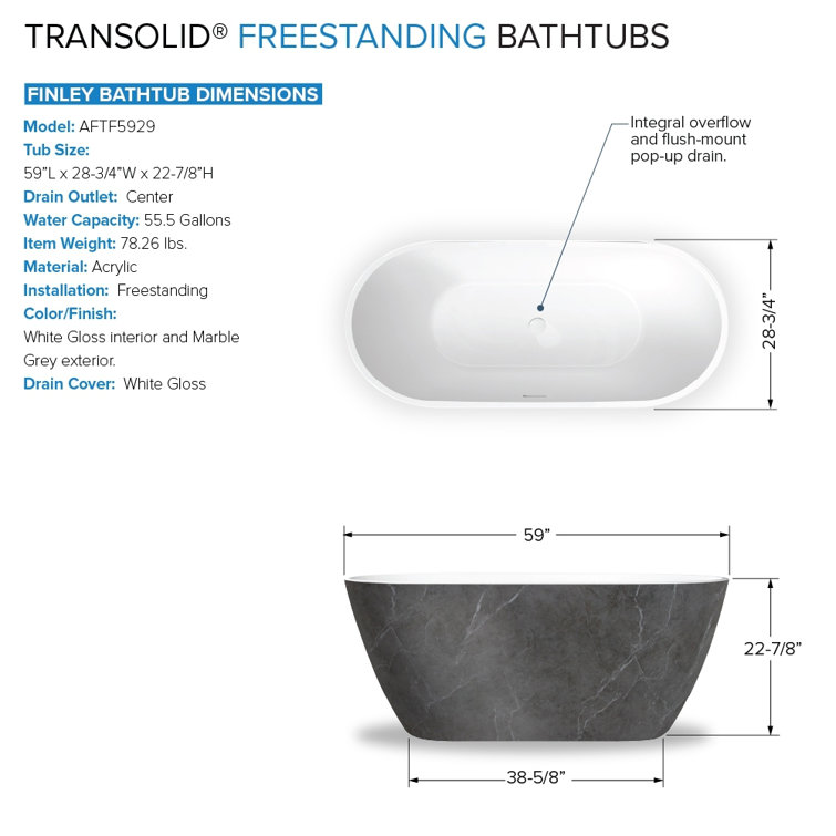 Finley 59" Marble Gray and White Acrylic Freestanding Soaking Tub