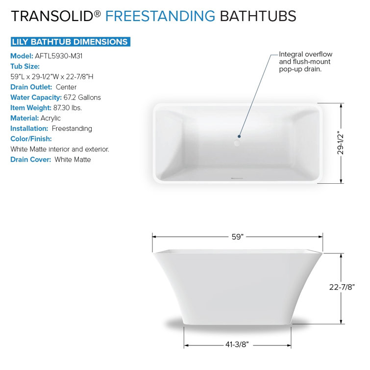 Lily 59" White Acrylic Freestanding Soaking Tub