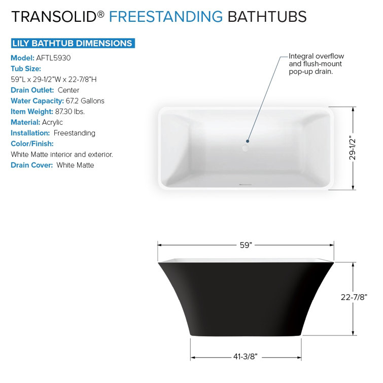 59-Inch Black and White Acrylic Freestanding Soaking Bathtub