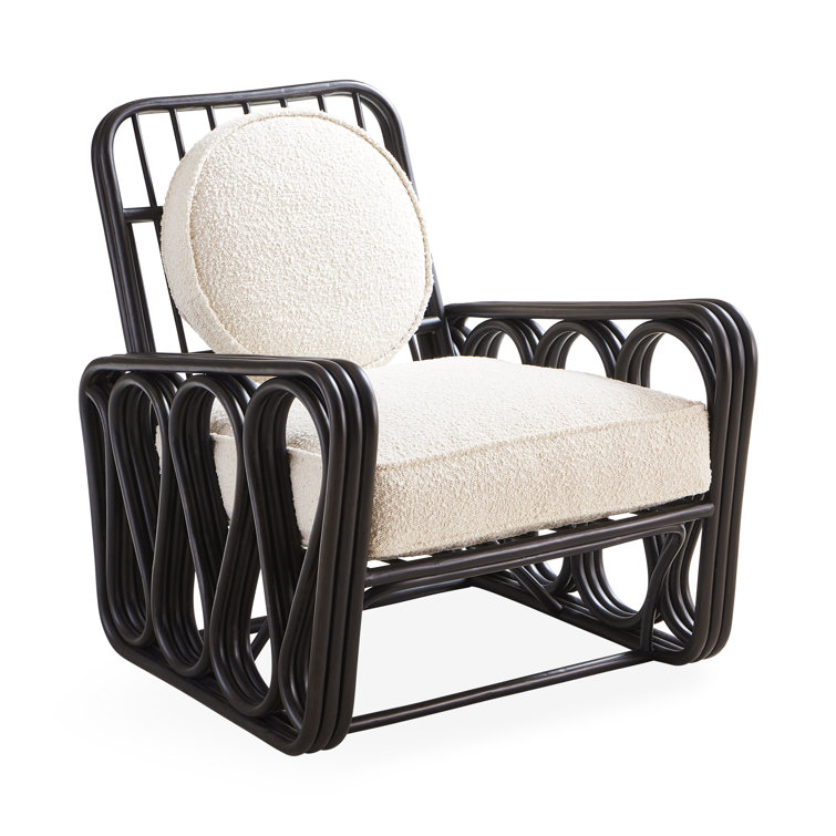 Handcrafted White Rattan Lounge Chair with Boucle Cushion
