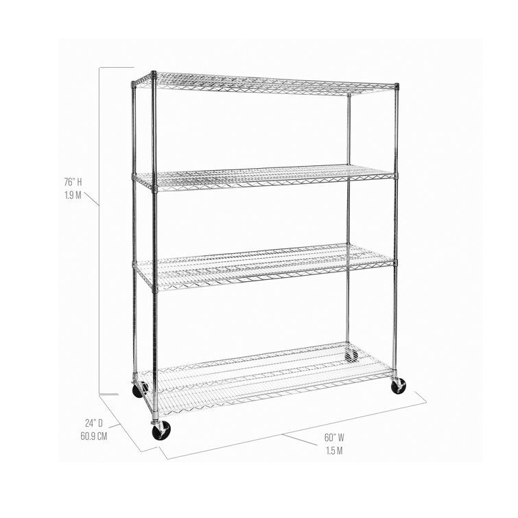 Versatile Chrome 4-Tier Steel Wire Adjustable Shelving Unit with Wheels