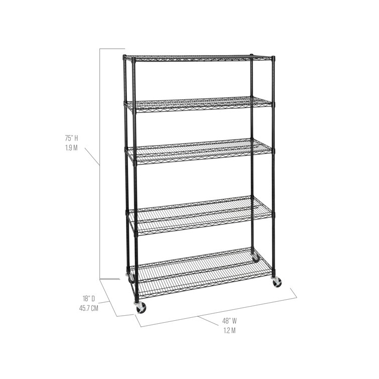 Black Adjustable 5-Tier Steel Wire Shelving Unit with Wheels