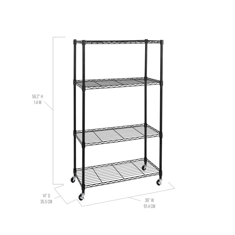 Adjustable Black Steel 4-Tier Wire Shelving Unit with Wheels