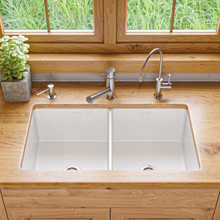 White 32" Double Bowl Fireclay Farmhouse Drop-In Sink