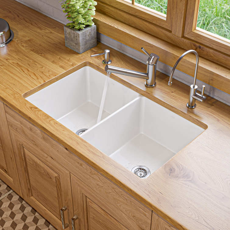 White 32" Double Bowl Fireclay Farmhouse Drop-In Sink