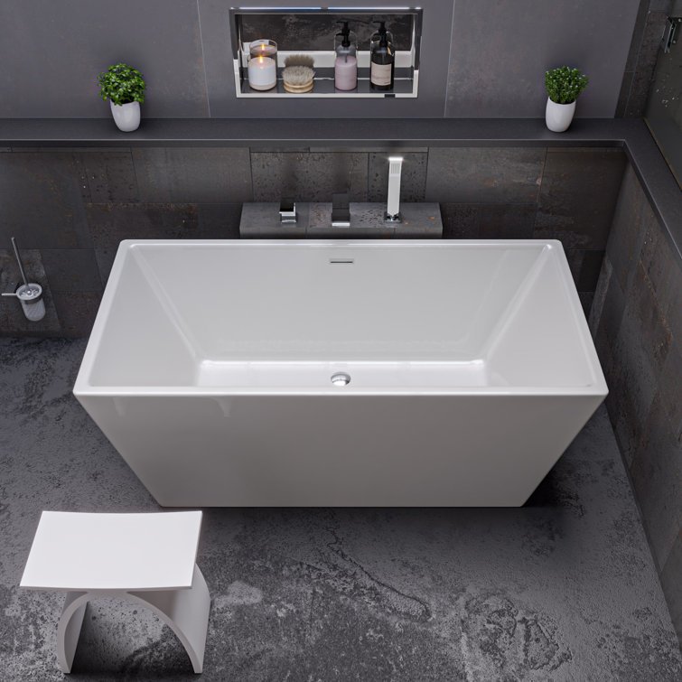 59'' White Rectangular Freestanding Acrylic Soaking Bathtub