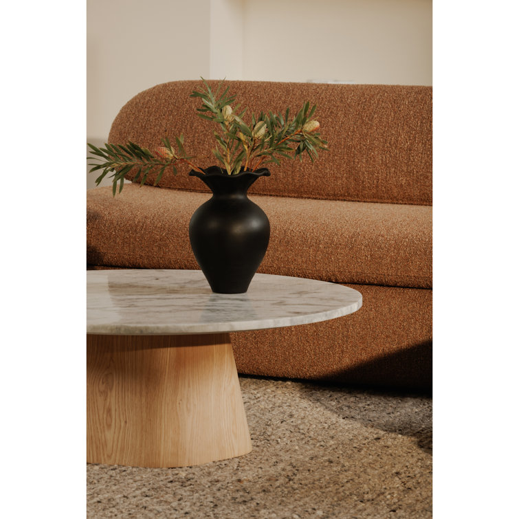 Ashen Gray Marble Top Round Coffee Table with Oak Pedestal Base