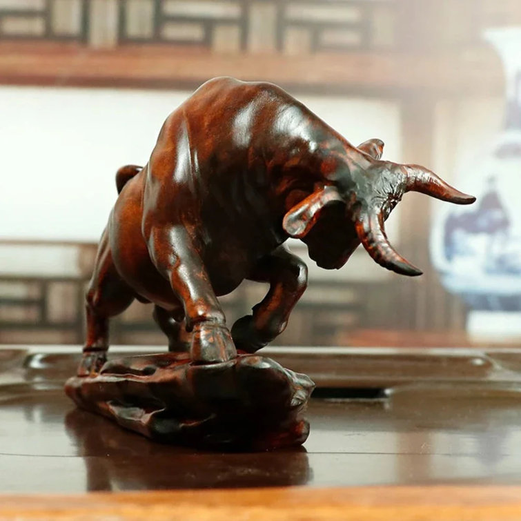 Handmade Brown Boxwood Ox Bull Figurine Sculpture
