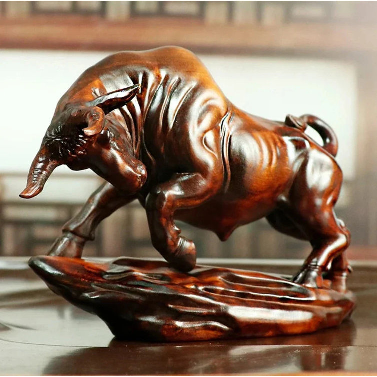 Handmade Brown Boxwood Ox Bull Figurine Sculpture