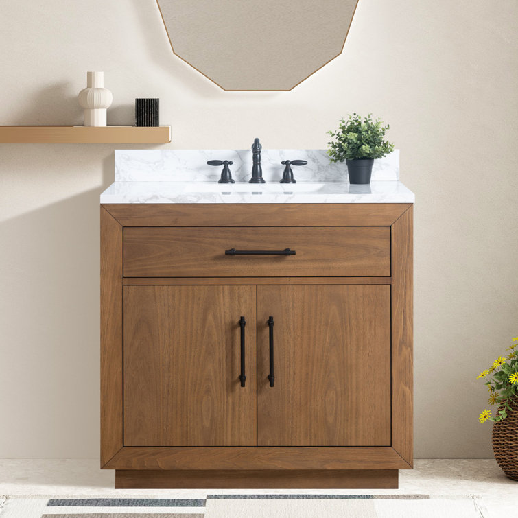 36" Tan Poplar Wood Bathroom Vanity with White Marble Top