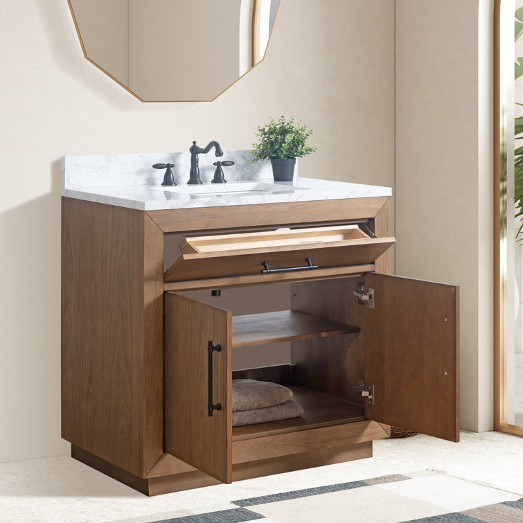 36" Tan Poplar Wood Bathroom Vanity with White Marble Top