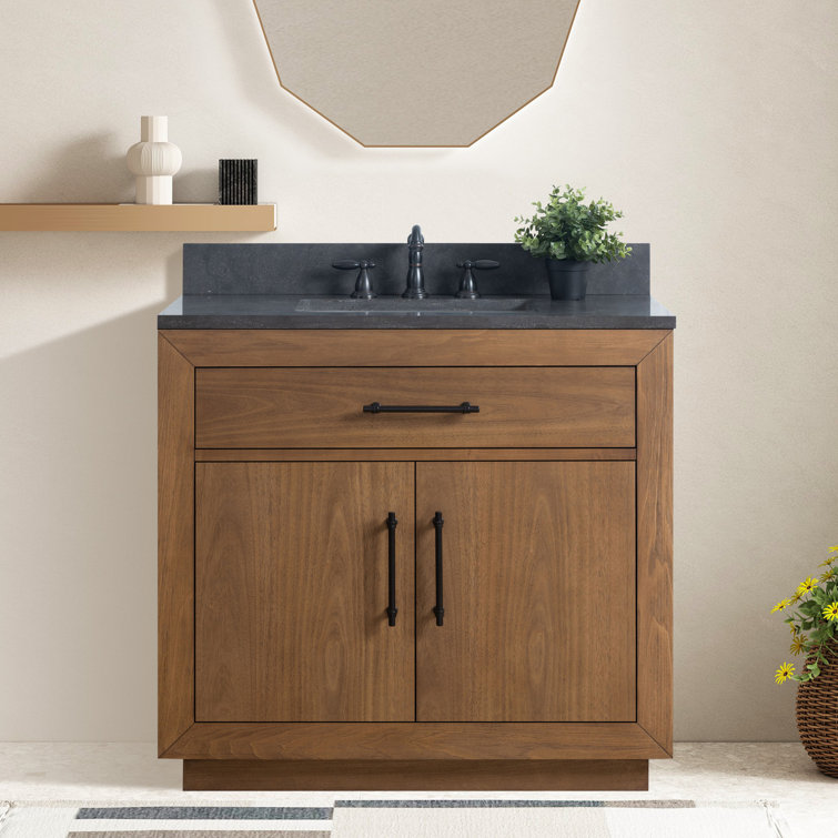 36" Tan Poplar Wood Bathroom Vanity with Black Limestone Top