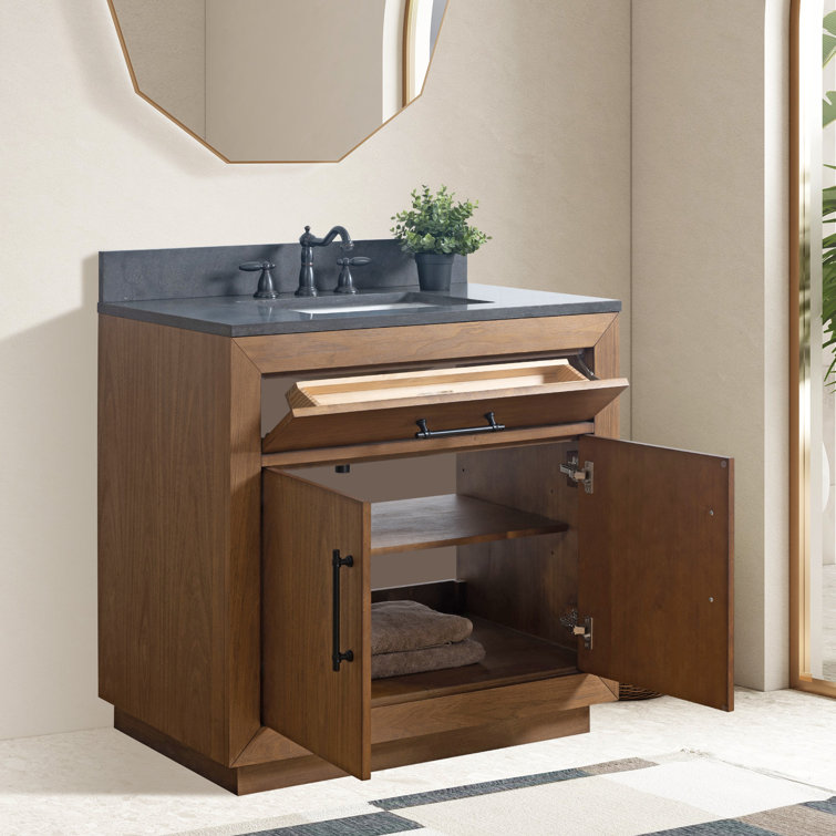 36" Tan Poplar Wood Bathroom Vanity with Black Limestone Top