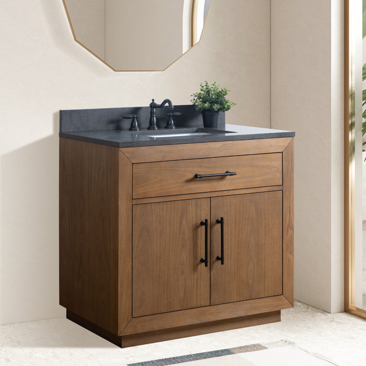 36" Tan Poplar Wood Bathroom Vanity with Black Limestone Top