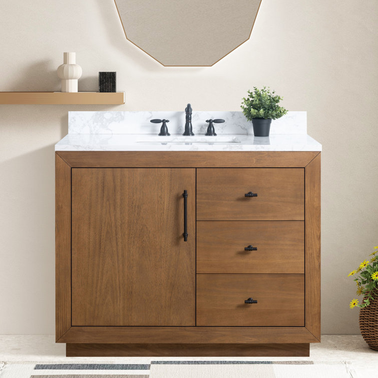 42" Tan Poplar Wood Single Bathroom Vanity with Marble Top