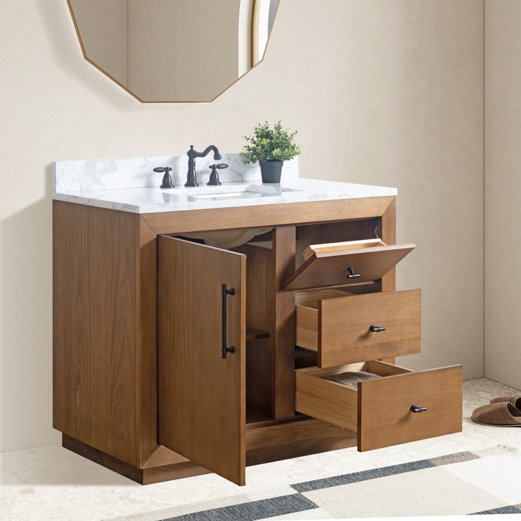 42" Tan Poplar Wood Single Bathroom Vanity with Marble Top