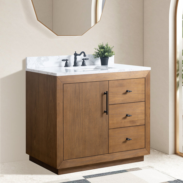 42" Tan Poplar Wood Single Bathroom Vanity with Marble Top