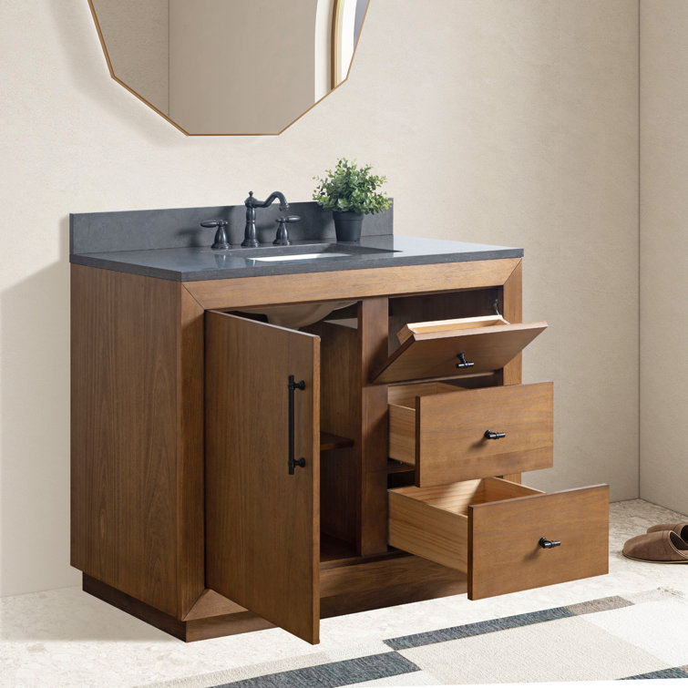 Tan 42" Single Bathroom Vanity with Black Limestone Top