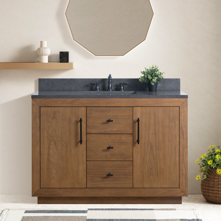 48" Tan Poplar Wood Bathroom Vanity with Black Limestone Top