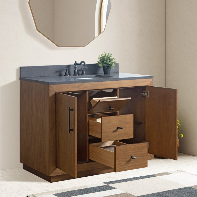 48" Tan Poplar Wood Bathroom Vanity with Black Limestone Top