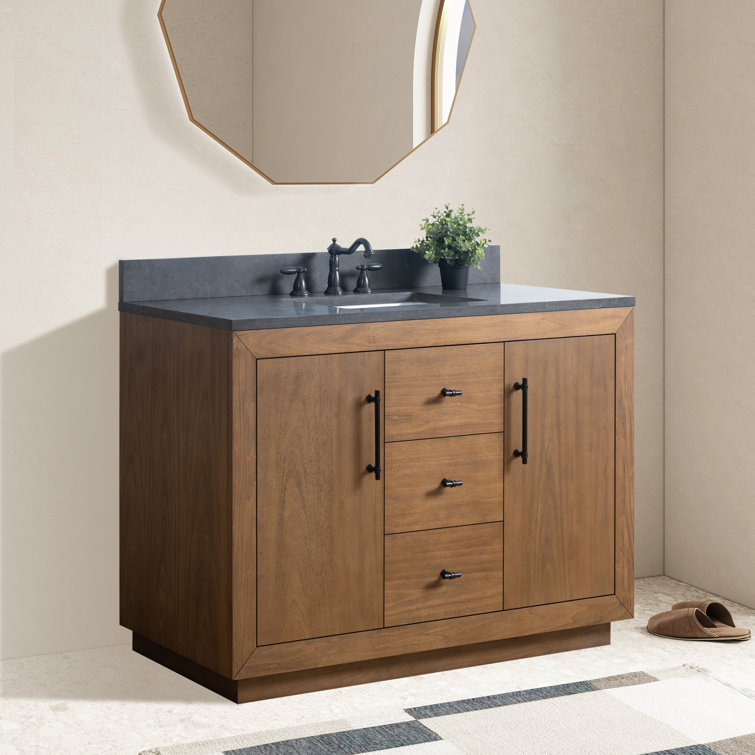 48" Tan Poplar Wood Bathroom Vanity with Black Limestone Top