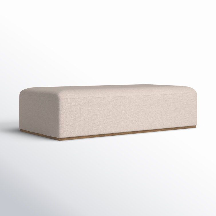 Beige Polyester Blend Upholstered Oval Ottoman with Brown Base