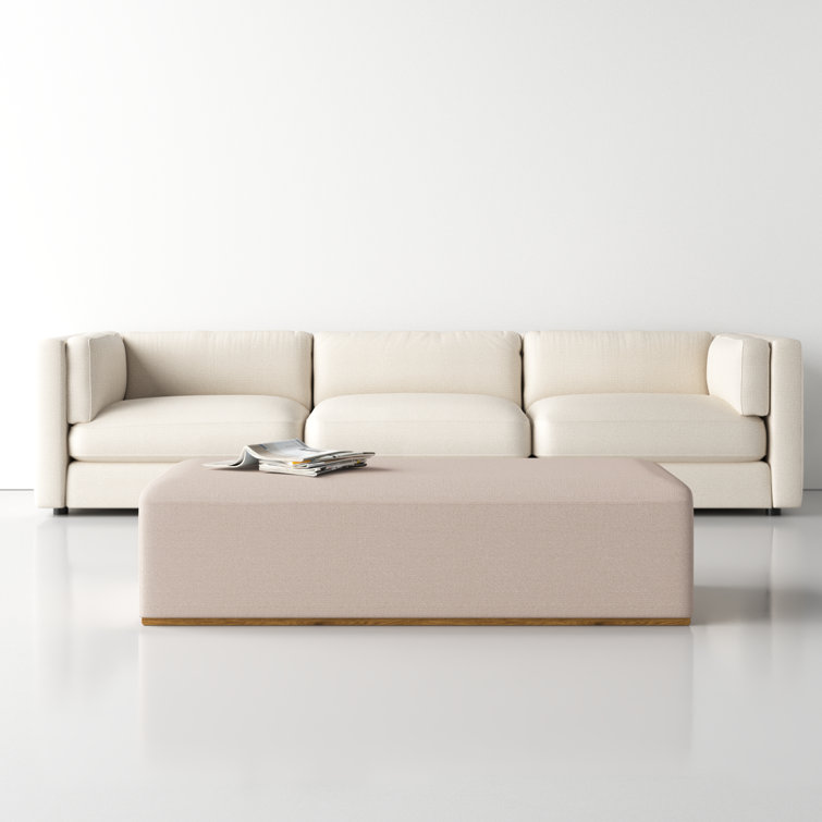 Beige Polyester Blend Upholstered Oval Ottoman with Brown Base
