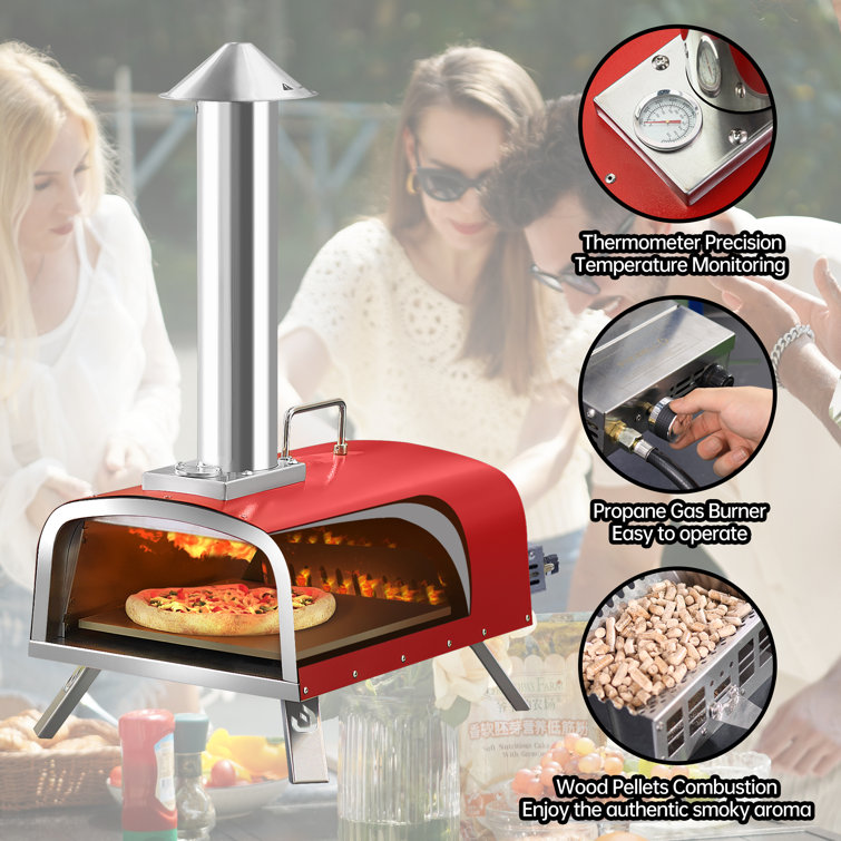 Red Stainless Steel 16 Inch Outdoor Gas and Wood Fired Pizza Oven
