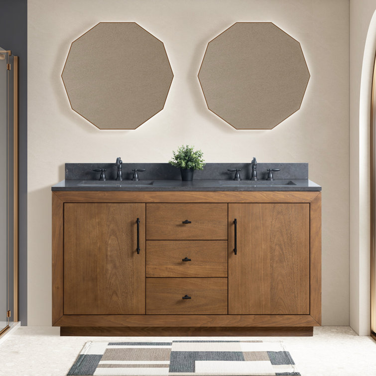 60" Tan Double Sink Bathroom Vanity with Black Limestone Top